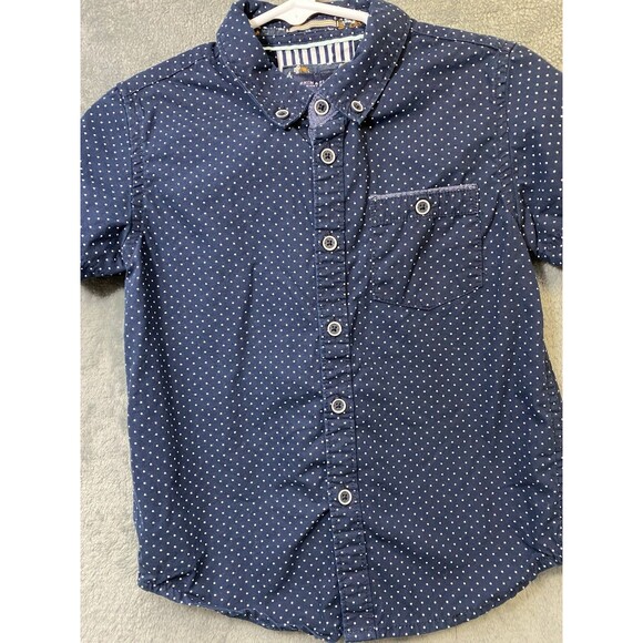 Denim & Flower by Ricky Singh Boys button down navy blue polka dot shirt Sz 4 - Picture 3 of 7